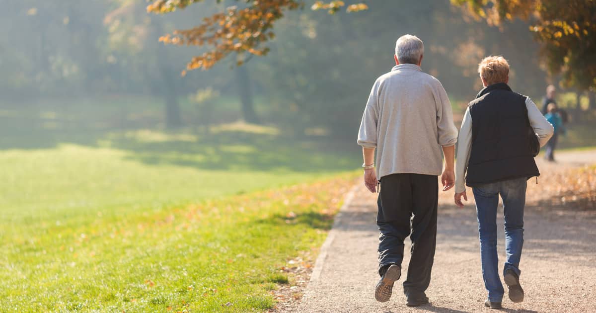 Two senior couples walking on a path on a sunny fall day.