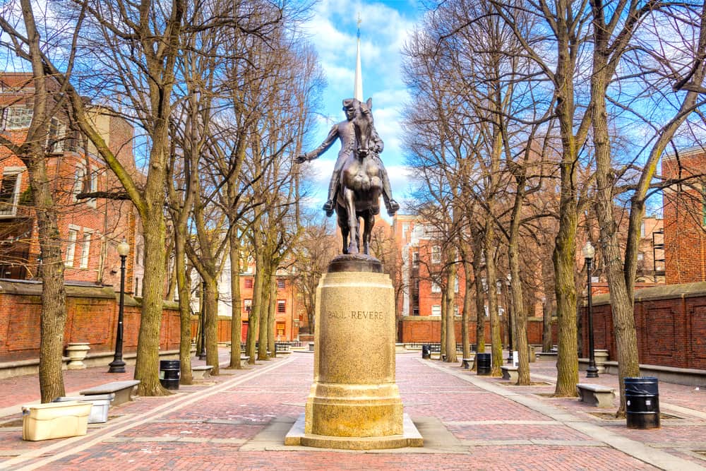 The Paul Revere Monument, depending the Patriot on a horse, in Boston on a clear day.