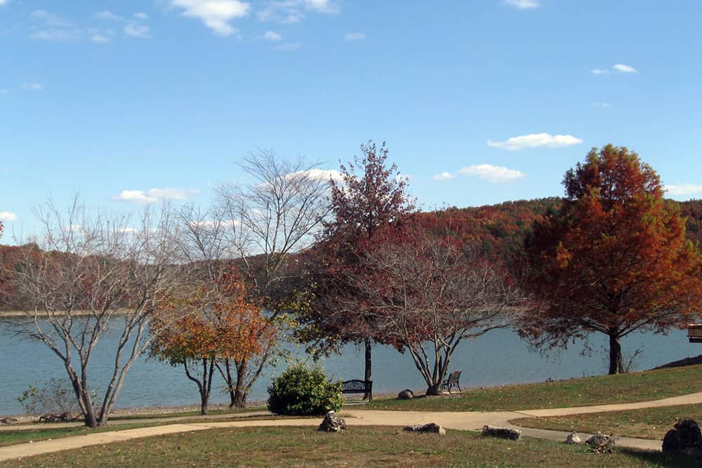 Overlooking the lake and trees at Trout Lodge in Potosi, Missouri in the Ozarks. 