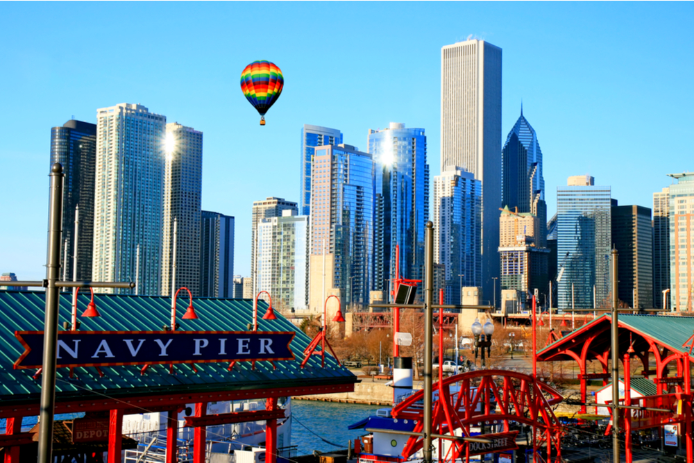 The high-rise buildings in downtown Chicago and Navy Pier