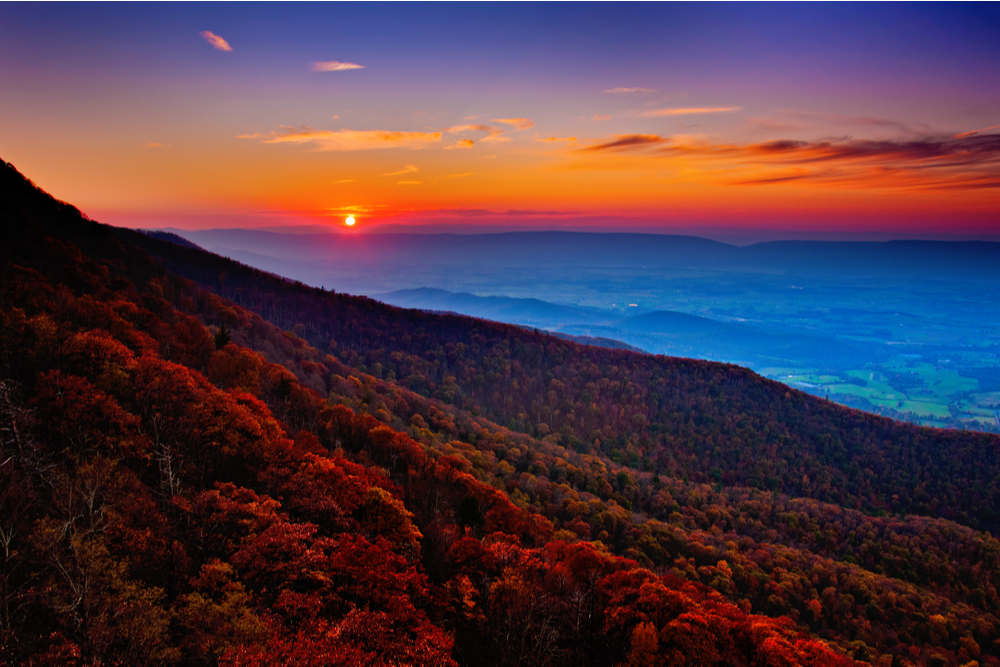 Autumn sunset over the Shenandoah Valley and Appalachian Mountains from Little Stony Man, in Shenandoah National Park, Virginia