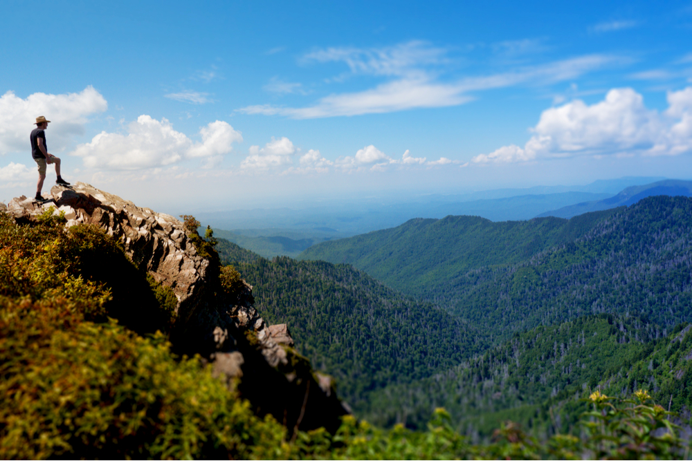 hiker at peak of Charlies Bunion, Smoky Mountains