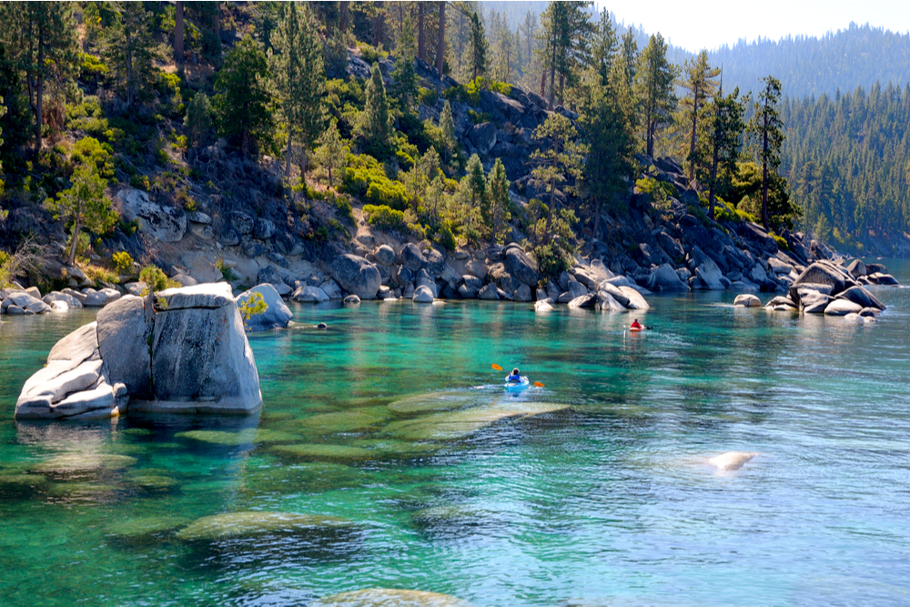 Kayaking along east shore of Lake Tahoe in California