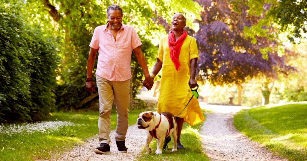 Senior Couple Walking With Pet Bulldog In Countryside