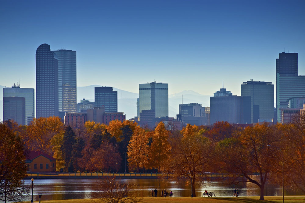 City of Denver skyline and City Park landscape in fall